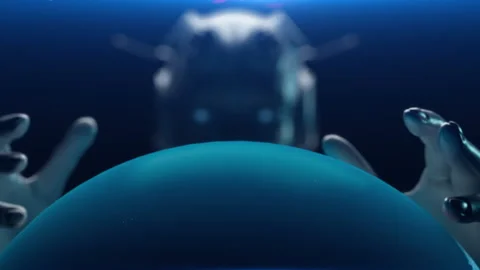 The robot looks at the stylized model of Planet Earth, looking at the details Stock Footage 237414886