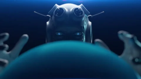 The robot looks at the stylized model of Planet Earth, looking at the details Stock Footage 237414888