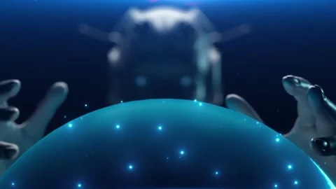 The robot looks at the stylized model of Planet Earth, looking at the details Stock Footage 237415058