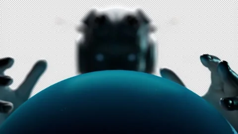 The robot looks at the stylized model of Planet Earth, looking at the details Stock Footage 237415184