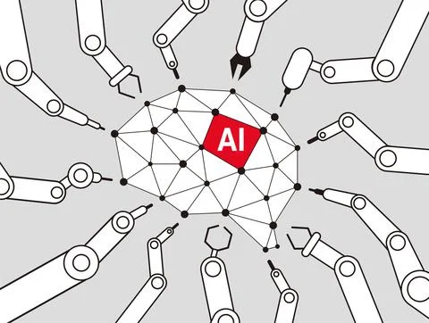 Robot machine arms focus on the brain of the Artificial Intelligence, vector  Stock Illustration