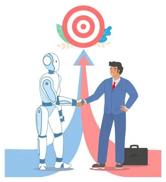 Robot machine businessman handshake, vector illustration. Ai and human future Stock Illustration