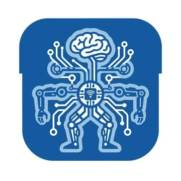 Robot machine connected to brain processor network graphics. Ilustración de archivo