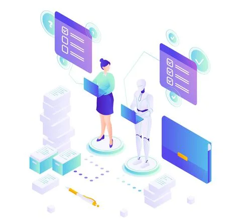 Robot machine doing work quickly than human, vector isometric illustration Stock Illustration