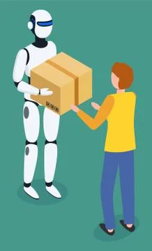 Robot Machine Giving Cardboard Box to Man Vector Stock Illustration