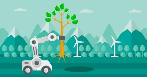 Robot machine plants a big tree. Illustrazione stock