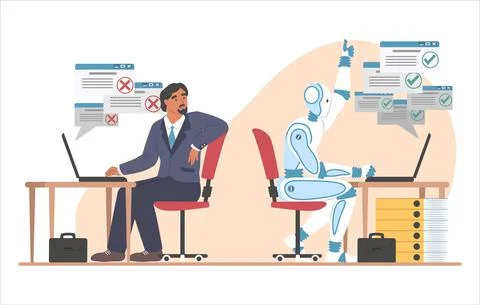Robot machine working a lot faster than businessman, flat vector illustration Stock Illustration