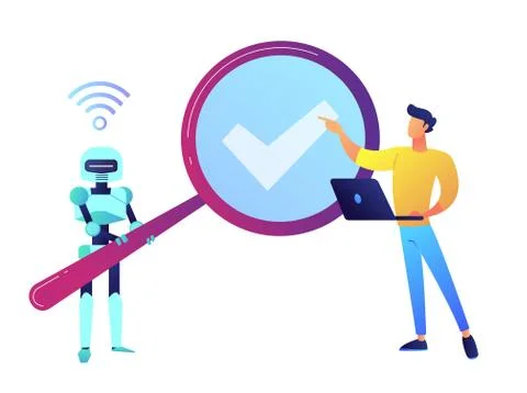 Robot with magnifier and programmer with laptop vector illustration. Stock-Illustration