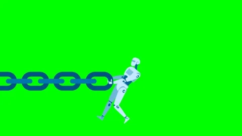 Robot makes an effort and pulls a large metal chain. Koborg pulls the chain Stock Footage 295020602