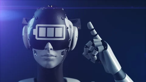 The robot makes a gesture indicating the information on the "fully charged ba Video stock 248127269
