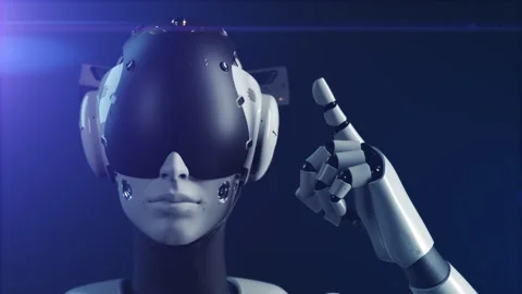 The robot makes a gesture indicating the information on the display "neural n Stock-Footage 248127294