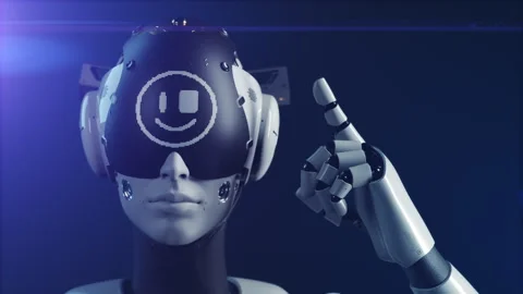 The robot makes a gesture indicating the information on the display "this is  Stock Footage 248127318