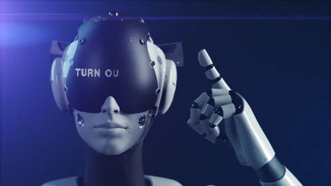 The robot makes a gesture indicating the information on the display "turn on  Video stock 248127335