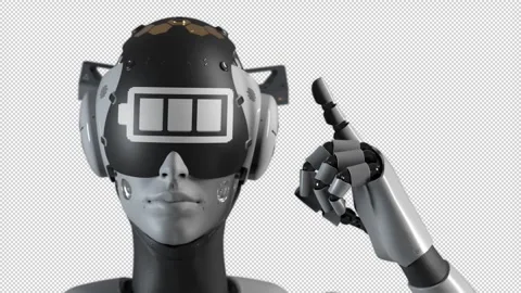 The robot makes a gesture indicating the information on the "fully charged ba Stock Footage 248127378