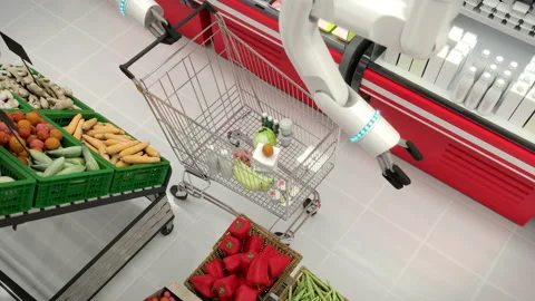 The robot makes purchases in the store and puts them in the basket. Stock Footage 141970100