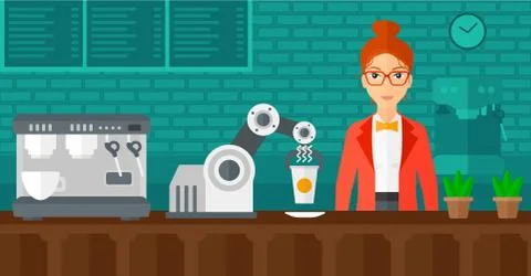 Robot making coffee for a client at coffee shop. Ilustración de archivo