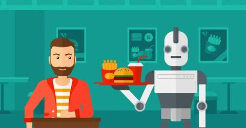 Robot making coffee for a client at coffee shop. Stock Illustration