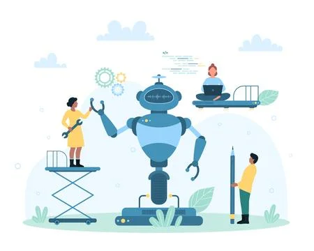Robot making technology set, tiny people building cyborg with electronic tools Illustrazione stock