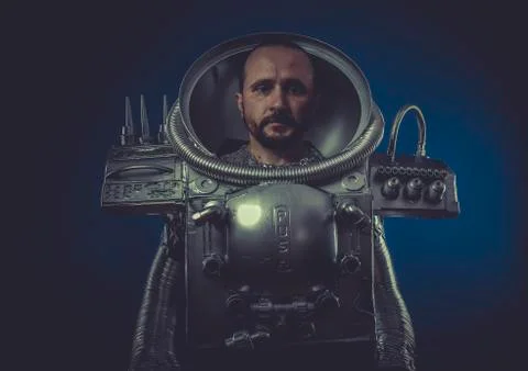 Robot man in space armor silver Foto stock