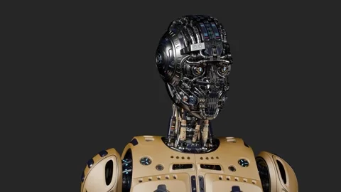 Robot man walks unmasked on black Stock Footage 257183053