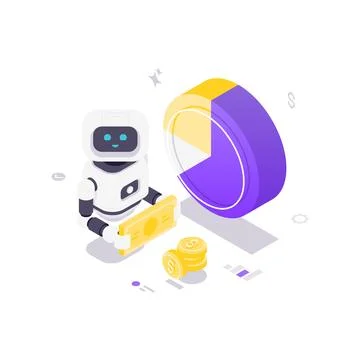 Robot Manages Finances With Pie Chart And Money Isometric Vector Illustration イラスト素材