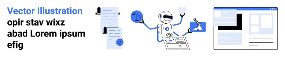 Robot managing documents, data analysis, and web development with blue accent Stock Illustration