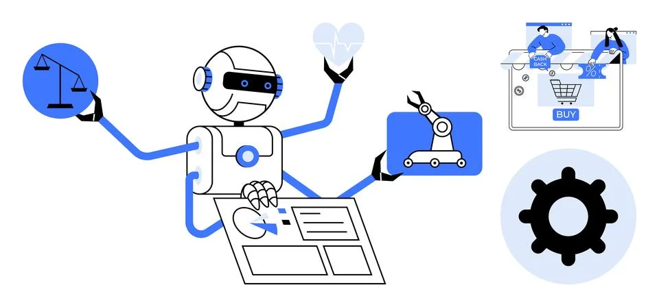 Robot managing various tasks holding a heart, scales, gear, robotics, e-comme Stock Illustration