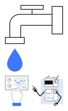 Robot managing water supply with touchscreen panel, drop of water under fau.. Stock Illustration