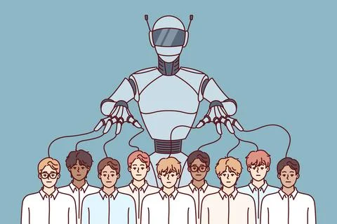 Robot manipulates crowd of people using puppeteer strings and symbolizing Stock Illustration
