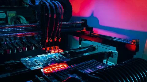 Robot Manipulators place electronic components on computer board for fixing Stock Photos