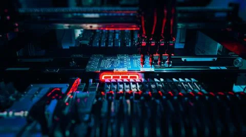 Robot Manipulators place electronic components on computer board for fixing Stock Photos