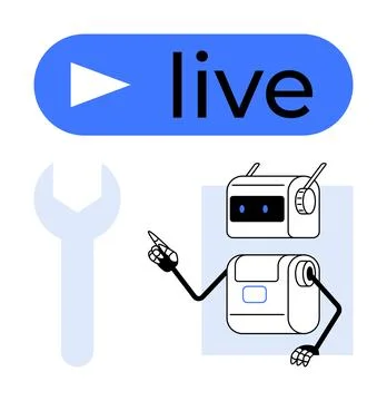 Robot Mascot Indicating Live Streaming with Play Button and Wrench for Tech.. Stock Illustration
