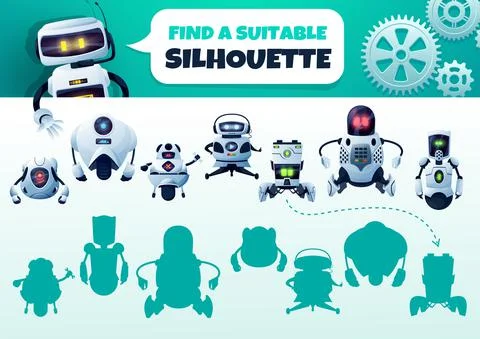 Robot maze game find a correct silhouette riddle Stock Illustration