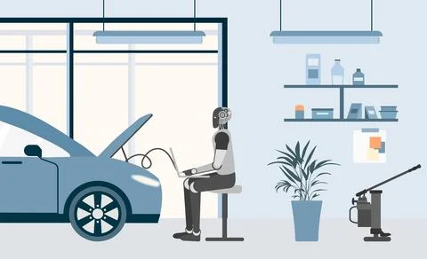 Robot mechanic working on car in garage with open hood, featuring modern te.. Stock Illustration