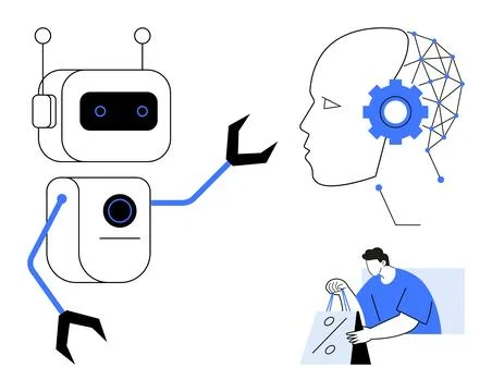 Robot with mechanical arms interacts with AI human head. Person holds shoppin Stock Illustration