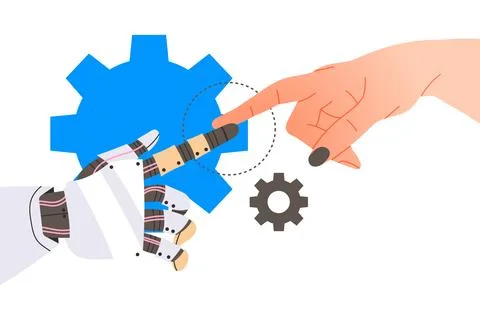 Robot Mechanical Hand and Human Touching Finger Testing Perception Vector Stock Illustration