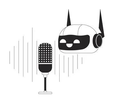 Robot microphone recording black and white 2D line cartoon object Illustrazione stock