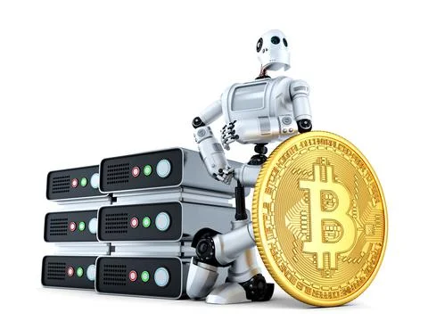 Robot with mining farm and gold bitcoin coin. 3D illustration. Isolated Stock Illustration