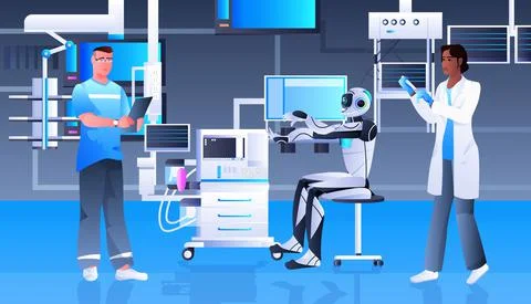 Robot with mix race scientists making experiments in lab artificial intelligence Illustrazione stock