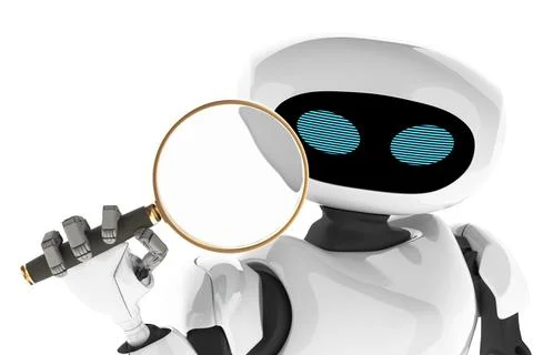 Robot Modern looking through a magnifying glass. innovative cyborg. 3d Render Stock Photos
