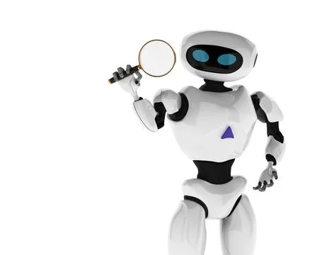 Robot Modern looking through a magnifying glass. innovative cyborg. 3d Render Stock Photos