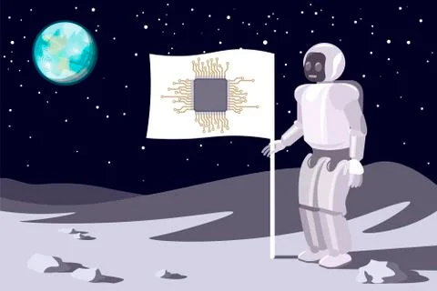 Robot on the moon. Banner with a chip. Blue earth in sky.Vector Stock Illustration