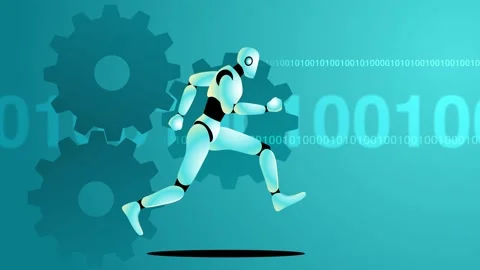 Robot in motion set against a backdrop of spinning cogwheels and binary code Stock Footage 261539158