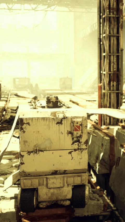 Robot moves through debris in an abandoned building during the day Stock Footage 330340298
