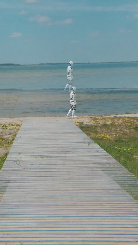 A Robot Moving Gracefully Along the Boardwalk Next to the Calm Water Beneath the Stock Footage 316516836
