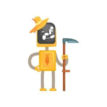 Robot mower character cartoon, android farmer standing with scythe in its hands Stock Illustration