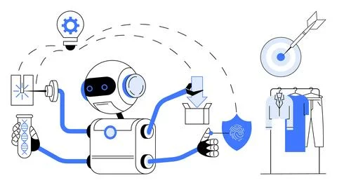 Robot with multiple arms handling DNA sample, packaging box, shield, and ligh Stock Illustration
