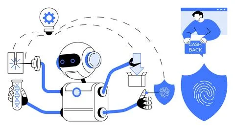 Robot with multiple arms handling a test tube, light bulb, and packing box, w Stock Illustration