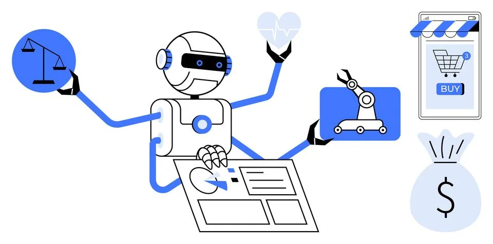 A robot with multiple arms interacting with various objects such as scales, h Stock Illustration