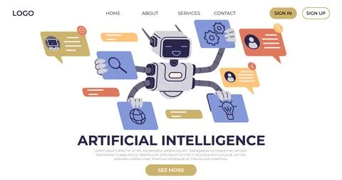 A robot with multiple arms manages various digital icons and speech bubbles,  Stock Illustration